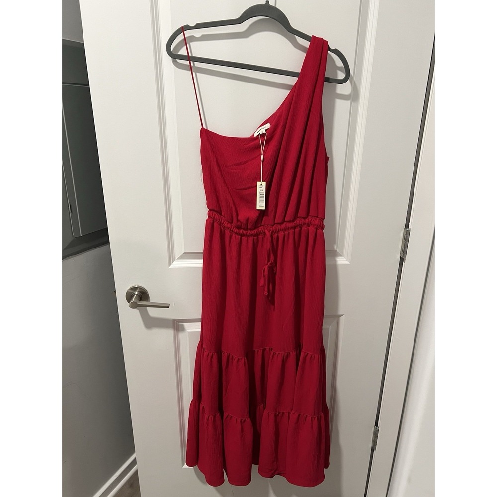 Max‎ Studio One Shoulder Dress Size Xtra Large Red Tiered Ruffles Tie Waist $168